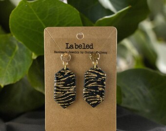 Handmade Black and Gold Clay Dangle Earrings: Lightweight Gold-Leaf Wavy Design Nickel-Free Dangle or post