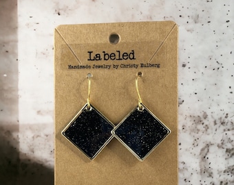 Black Glitter Gold Square Diamond Handmade Jewelry Earrings-Hypoallergenic Clay Earrings-Dangle Earrings