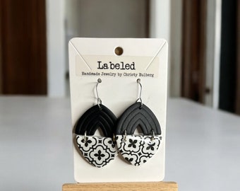 Geometric Clay Dangle Earrings: Black and White Moroccan Design-Lightweight, Nickel-free dangle earrings