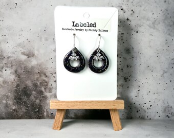 Black Opal Dangle Earrings-Polymer Clay Opal finish Lightweight Dangle Earring, Cubic zirconia Bridal holiday Handmade gift