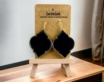 Black Gold Trellis Earrings-Handmade Jewelry-Hypoallergenic Clay Earrings-Dangle Earrings