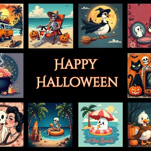 Può includere: Una collezione di illustrazioni a tema Halloween. Le immagini presentano scheletri, fantasmi e zucche in vari contesti, tra cui una spiaggia, una strega e un televisore retrò. Le parole "HAPPY HALLOWEEN" sono visualizzate al centro.