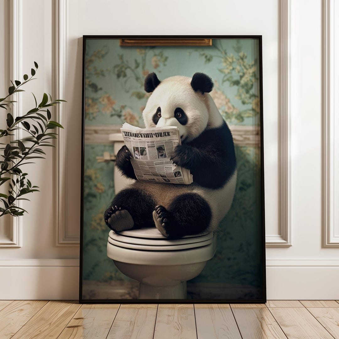 Panda Sitting on the Toilet and Reading Newspaper, Bathroom Wall Art ...