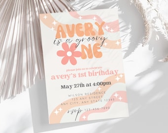 Groovy One 1st Birthday Invitation: Retro Canva Template (Digital Download)