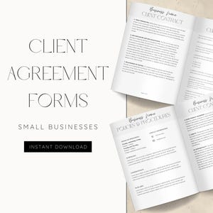 Peut inclure: Un ensemble de formulaires d'accord client imprimables pour les petites entreprises. Les formulaires comprennent un contrat client, des politiques et procédures, et une liste de contrôle d'intégration des clients. Les formulaires sont conçus pour être faciles à utiliser et à personnaliser.