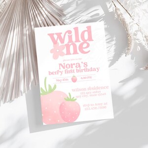 Berry First Birthday Invitation | Retro Editable Birthday Party Invite, Strawberry Birthday, 1st Birthday Girl, Wild One, Canva Template