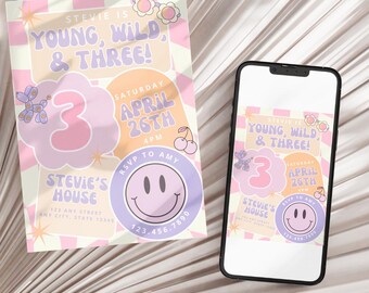 Young, Wild & Three Birthday Invitation: Retro Smiley Girl, Canva Template