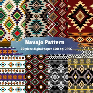 Könnte beinhalten: Eine Sammlung digitaler Papiere mit verschiedenen Navajo-Mustern. Die Designs umfassen geometrische Formen in einer Vielzahl von Farben, wie Rot, Grün, Gelb und Schwarz. Der Text "Navajo Pattern" und "20 piece digital paper 400 dpi JPEG" ist sichtbar.
