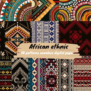 Puede incluir: Un conjunto de 30 patrones de papel digital con diseños étnicos africanos. Los patrones son coloridos y geométricos, con una variedad de formas y colores. Los patrones son perfectos para usar en scrapbooking, creación de tarjetas y otros proyectos de manualidades.