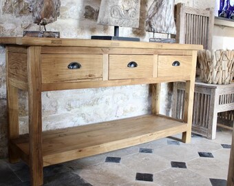 Reclaimed Wood Console Table with 3 Drawers, Rustic Industrial Sideboard, Handmade Entryway Table with Shelf Storage