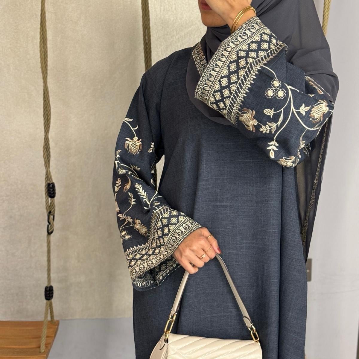 Embroidered Linen Abaya with Pockets Modest Islamic Dress + Hijab, Closed Abaya Eid Gift