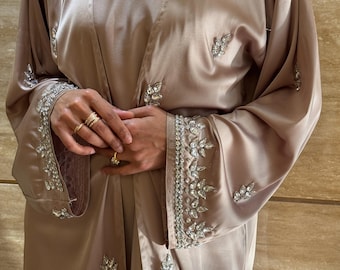 Latifa Abaya - Handcrafted Satin Open Abaya Heavy Embellished Jewels