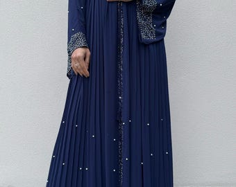 Elegant Jahan Pearl Gemstone Pleated Double Abaya 3 Piece Set-Eid
