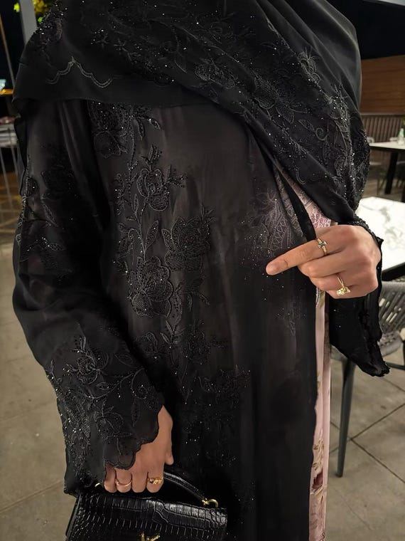 Layali Luxury Black Open Abaya with Scarf - Elegant Floral Embroidery Chiffon Dress - Modest Muslim Women’s Evening Wear with Gemstone