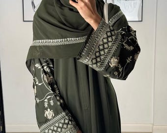 Floral Embroidered Sleeves Abaya. Ramadan Open Abaya Dress