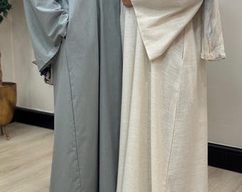 Pure Linen Closed Abaya with Pockets | Flowy Bell Sleeve Modest Muslim Summer Dress | Lightweight Breathable Fabric | Matching Scarf