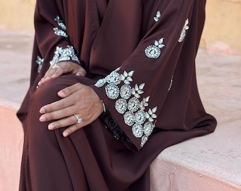 Handcrafted Open Abaya - Butterfly Embellished Nida Fabric, 4-Piece Set