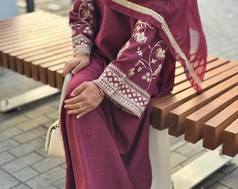 Embroidered Linen Abaya with Pockets | Modest Islamic Dress + Hijab, Closed Abaya Eid Gift