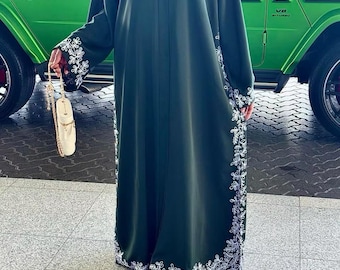 Hasana Blossom Abaya – Olive Green Open Abaya with 3D White Floral Embroidery