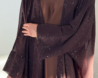 Glitter Butterfly Chiffon Abaya | 3-Piece Kaftan Dress with Satin Lining & Hijab, Open Batwing Sparkly Eid Batwing Outfit For Women