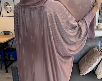 Luxury Butterfly Open Satin Abaya with Hijab - Gemstones All Over