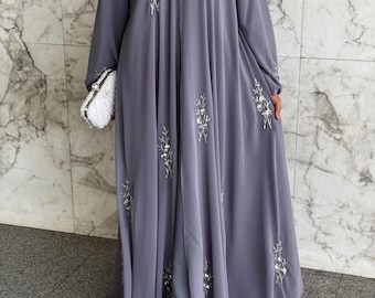 Abaya Luxurious Handcrafted Beaded Flowers on Chiffon 3pc Set