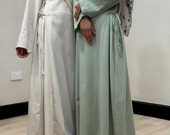 Pure Linen Closed Abaya with Side Tie Lace - Flowy Abaya Dress