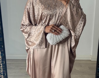 Isra Abaya - Luxury Satin Butterfly Kaftan in Champagne with Inner Belt - Stone Embellished Eid Party Outfit