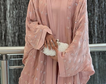Luxury Organza Abaya with Satin Slip | Handcrafted Open Front Kaftan For Eid