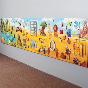 Extra large wall busy board with Safari theme, 10 sensory wall panels set. Unique activity wall decor boards for hallways and play cafes