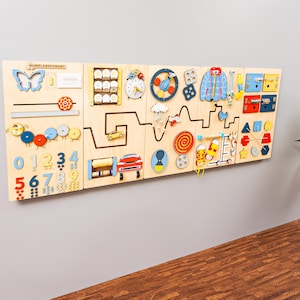 Interactive play wall decor for kids development and fine motor skills - Scandinavian style busy board - Wooden sensory wall panel