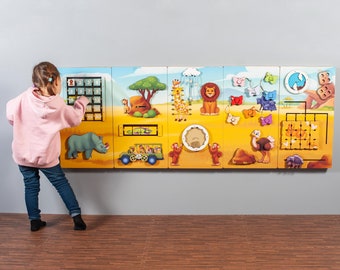 Painel de parede interativo tema Safari Aprendizagem grande quadro de atividades para pediatria consultórios odontológicos sala de espera família jogos cafés e playgrounds