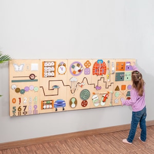 Monochrome Sensory wall set of busy panels in Earth tones. Montessori inspired wooden activity board