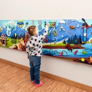Extra large wall busy board with Mountain theme, 9 sensory wall panels set. Unique activity boards