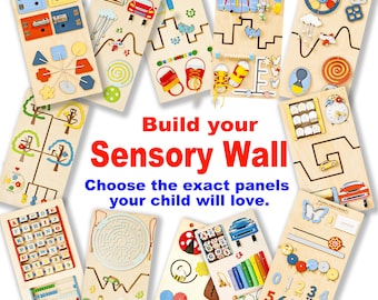 May include: A collection of wooden sensory wall panels with various interactive elements, including locks, gears, and mazes. The text "Build your Sensory Wall" and "Choose the exact panels your child will love" is displayed. The panels are designed for children.