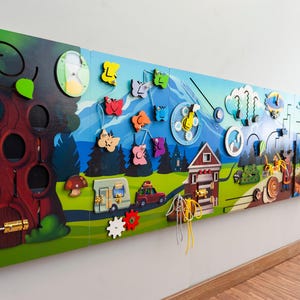Extra large wall busy board with Mountain theme, 9 sensory wall panels set. Unique activity boards