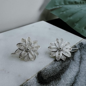 Double Flower Sterling Silver Filigree Earrings - Handmade 925 Silver Floral Design, Lightweight, Elegant Jewelry Gift for her