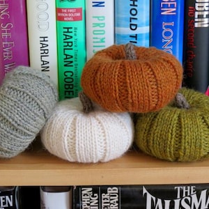 May include: Four knitted pumpkins in different colours, including grey, white, orange, and green, are displayed on a wooden shelf in front of a bookshelf filled with books.