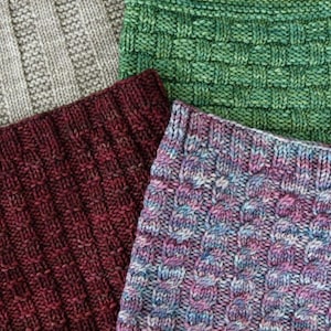 May include: Four different knitted fabric swatches in various colors and textures. The swatches are arranged in a square shape, with the top swatch being green, the right swatch being purple and blue, the bottom swatch being red, and the left swatch being gray.