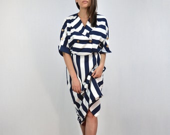 Striped Dress, Vintage 80s Nautical Sundress, Batwing Navy White - Medium to Large M L