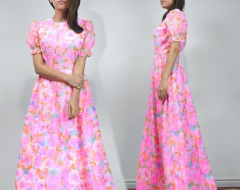 Bright Pink Dress, Vintage 70s Puffy Sleeve Flower Print Maxi - Medium M