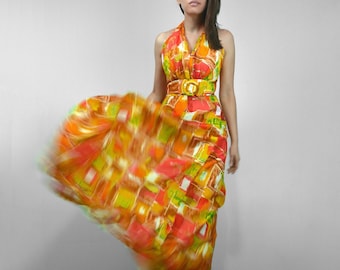 70s Halter Dress, XS, Long Orange & Yellow Colorful Boho Maxi Dress