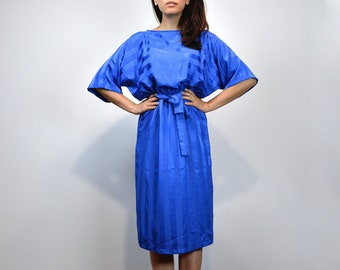 80s Batwing Dress - Small to Medium | Vintage 1980s Blue Striped Dress, S M