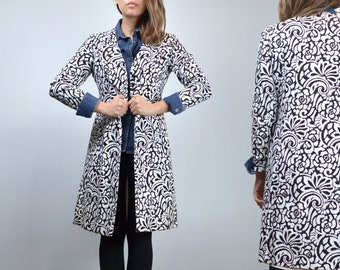 Black White Coat, Minimalist Vintage Floral Jacket Women - Medium to Large M L