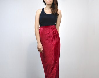 Crushed Velvet Skirt, Vintage 70s Long Red Maxi Skirt - XS