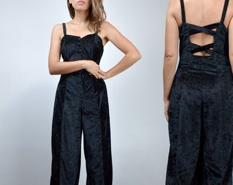 Vintage Black Jumpsuit, Womens One Piece Button Up Wide Leg Criss Cross Back 80s Jumpsuit - Extra Small to Small XS S