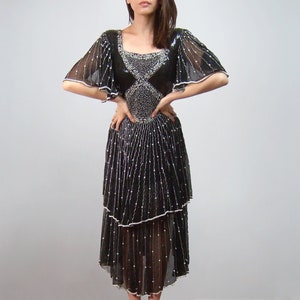 80s Sequin Dress, XS to S | Vintage Flutter Sleeve, Black and Silver