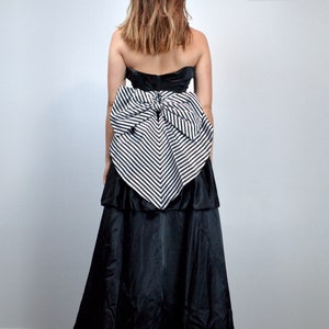 80s Black Satin Strapless Bow Back Ball Gown by Jessica McClintock, XXS