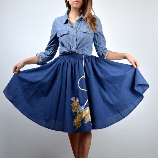 Vintage Poodle Skirt, XS to M | Blue Full Circle Rockabilly Swing Skirt