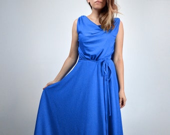 70s Royal Blue Dress, Women Long Maxi Dress Vintage - Small to Medium S M